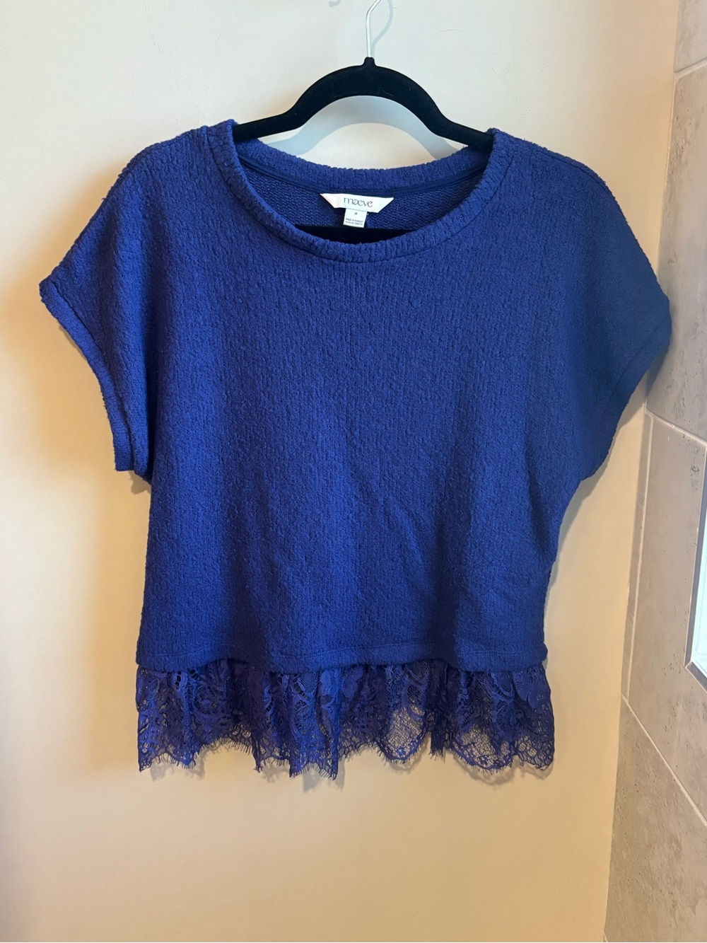 Maeve Royal Blue Lace-Hem Short Sleeve Top
